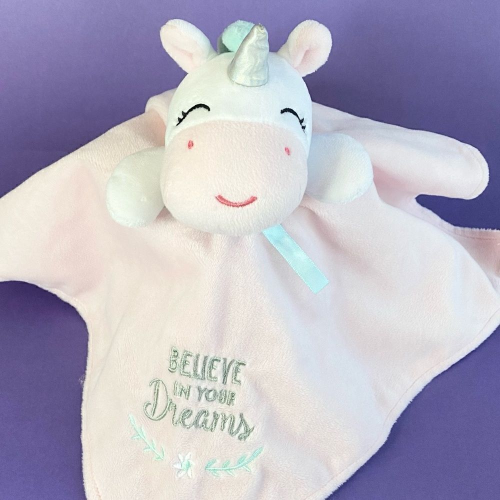 Baby Starters Unicorn Believe in Your Dreams Pink Lovey Security Blanket Satin